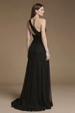 Noir A Line One Shoulder Long Noir Tie Dress avec Plume