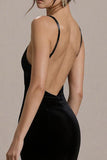 Robe de cocktail courte moulante à bretelles spaghetti en velours noir avec volants