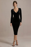 Robe de cocktail mi-longue moulante à col en V en velours noir avec manches