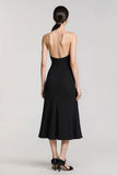 Simple Noir Satin Spaghetti Bretelles Fourreau Robe Longue Formelle