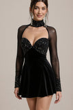 Robe de cocktail courte à manches en velours noir scintillant perlé à manches