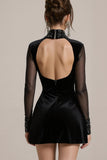 Robe de cocktail courte à manches en velours noir scintillant perlé à manches