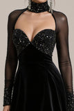 Robe de cocktail courte à manches en velours noir scintillant perlé à manches