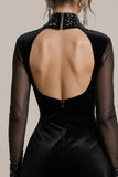 Robe de cocktail courte à manches en velours noir scintillant perlé à manches