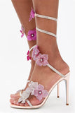 Sandales à talons aiguilles perlées roses scintillantes avec fleurs 3D