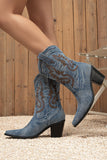 Bleu foncé veau large à bout pointu Talon épais Bottes de cow-girl brodées