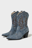 Bleu foncé veau large à bout pointu Talon épais Bottes de cow-girl brodées