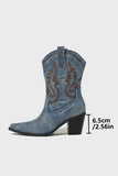 Bleu foncé veau large à bout pointu Talon épais Bottes de cow-girl brodées