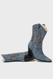 Bleu foncé veau large à bout pointu Talon épais Bottes de cow-girl brodées