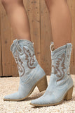 Bleu foncé veau large à bout pointu Talon épais Bottes de cow-girl brodées
