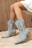 Bleu foncé veau large à bout pointu Talon épais Bottes de cow-girl brodées