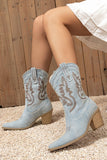 Bleu foncé veau large à bout pointu Talon épais Bottes de cow-girl brodées