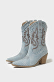 Bleu foncé veau large à bout pointu Talon épais Bottes de cow-girl brodées