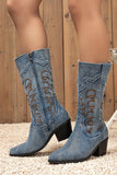 Bottes de cow-girl brodées à talon épais à bout pointu bleu foncé