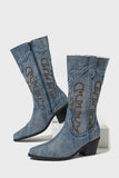 Bottes de cow-girl brodées à talon épais à bout pointu bleu foncé