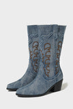 Bottes de cow-girl brodées à talon épais à bout pointu bleu foncé