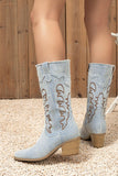 Bottes de cow-girl brodées à talon épais à bout pointu bleu foncé
