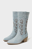 Bottes de cow-girl brodées à talon épais à bout pointu bleu foncé