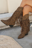Bottes de cow-girl à talons larges léopard marron avec franges