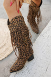 Bottes de cow-girl à talons larges léopard marron avec franges
