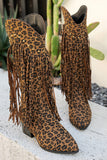 Bottes de cow-girl à talons larges léopard marron avec franges