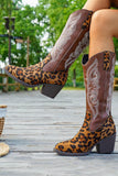 Bottes de cow-girl brodées à talon large léopard marron