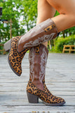 Bottes de cow-girl brodées à talon large léopard marron