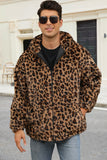 Manteau d’hiver en fausse fourrure léopard café pour hommes avec poches