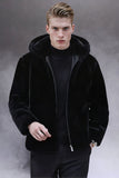 Manteau d’hiver noir à capuche zippé à manches longues en fausse fourrure noire pour homme