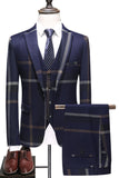 Bleu foncé revers cranté plaid 3 pièces costumes hommes