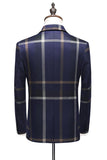 Bleu foncé revers cranté plaid 3 pièces costumes hommes