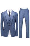 Hommes Bleu foncé à carreaux crantés revers 3 pièces Costumes de bal
