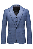 Hommes Bleu foncé à carreaux crantés revers 3 pièces Costumes de bal