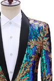Blazer de bal pour homme à revers châle vert et bleu scintillant à un bouton