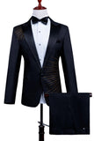 Costume 2 pièces à revers en pointe un bouton noir pour hommes avec perles