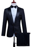 Costume 2 pièces à revers en pointe un bouton noir pour hommes avec perles