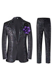 Costume de bal 2 pièces noir scintillant à revers cranté pour hommes avec fleur 3D