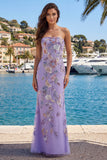Robe de bal sans bretelles violette fourreau floral avec perles