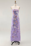 Robe de bal sans bretelles violette fourreau floral avec perles
