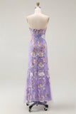Robe de bal sans bretelles violette fourreau floral avec perles