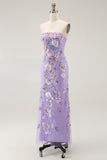 Robe de bal sans bretelles violette fourreau floral avec perles