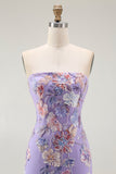 Robe de bal sans bretelles violette fourreau floral avec perles