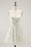 Vert Floral A Ligne Spaghetti Bretelles Robe Courte Retrouvailles