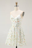 Vert Floral A Ligne Spaghetti Bretelles Robe Courte Retrouvailles