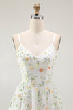 Vert Floral A Ligne Spaghetti Bretelles Robe Courte Retrouvailles