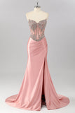 Robe de soirée longue blush en satin sans anneaux corset décoré de strass