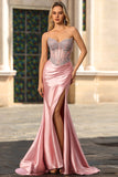 Robe de soirée longue blush en satin sans anneaux corset décoré de strass