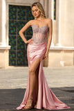Robe de soirée longue blush en satin sans anneaux corset décoré de strass