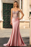Robe de soirée longue blush en satin sans anneaux corset décoré de strass