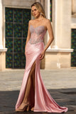 Robe de soirée longue blush en satin sans anneaux corset décoré de strass